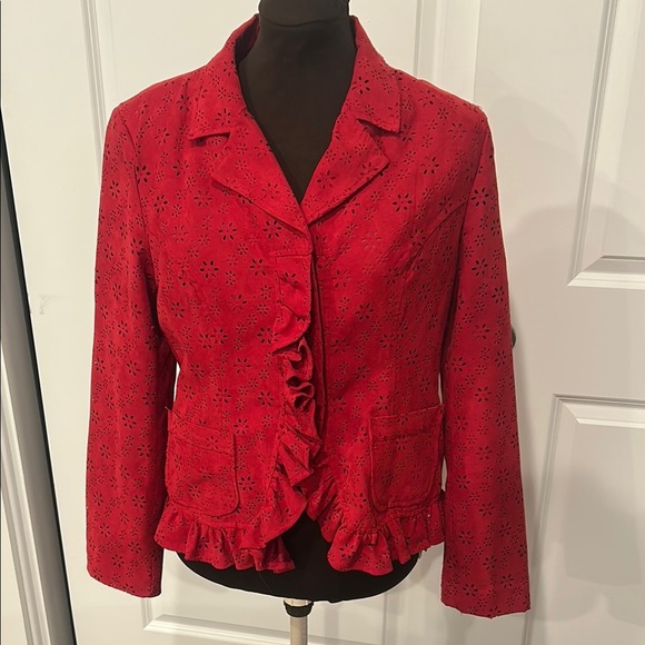 Joni B Women’s Red Textured Blazer Jacket Faux Suede Western Ruffle Size Medium - Picture 1 of 8